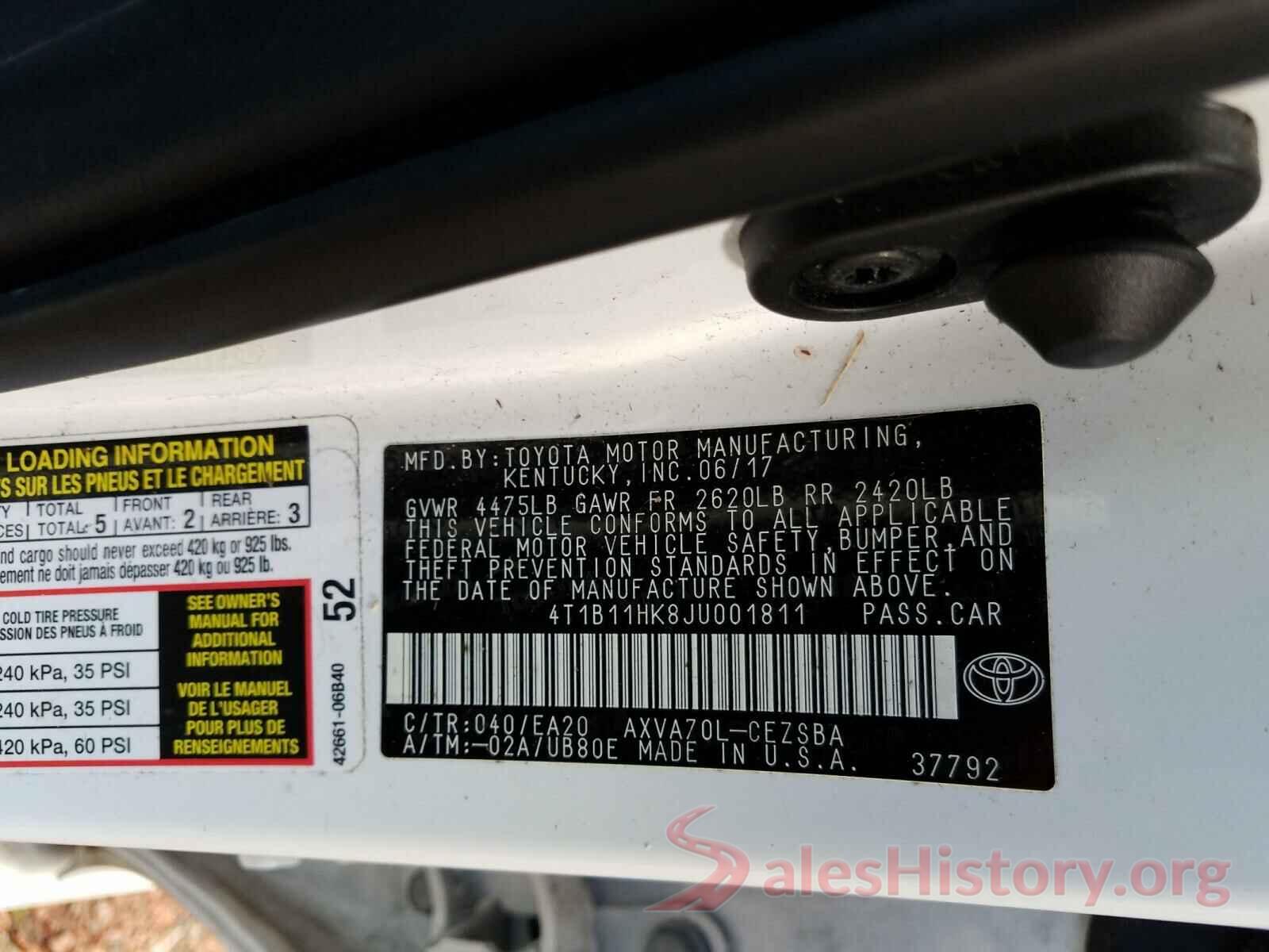 4T1B11HK8JU001811 2018 TOYOTA CAMRY