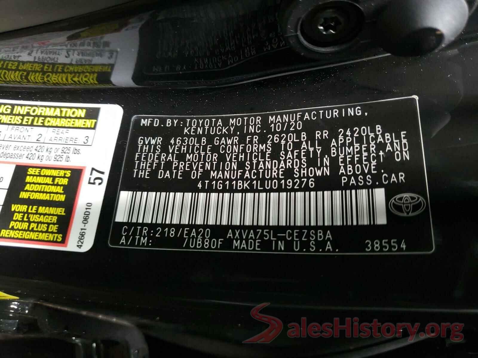 4T1G11BK1LU019276 2020 TOYOTA CAMRY