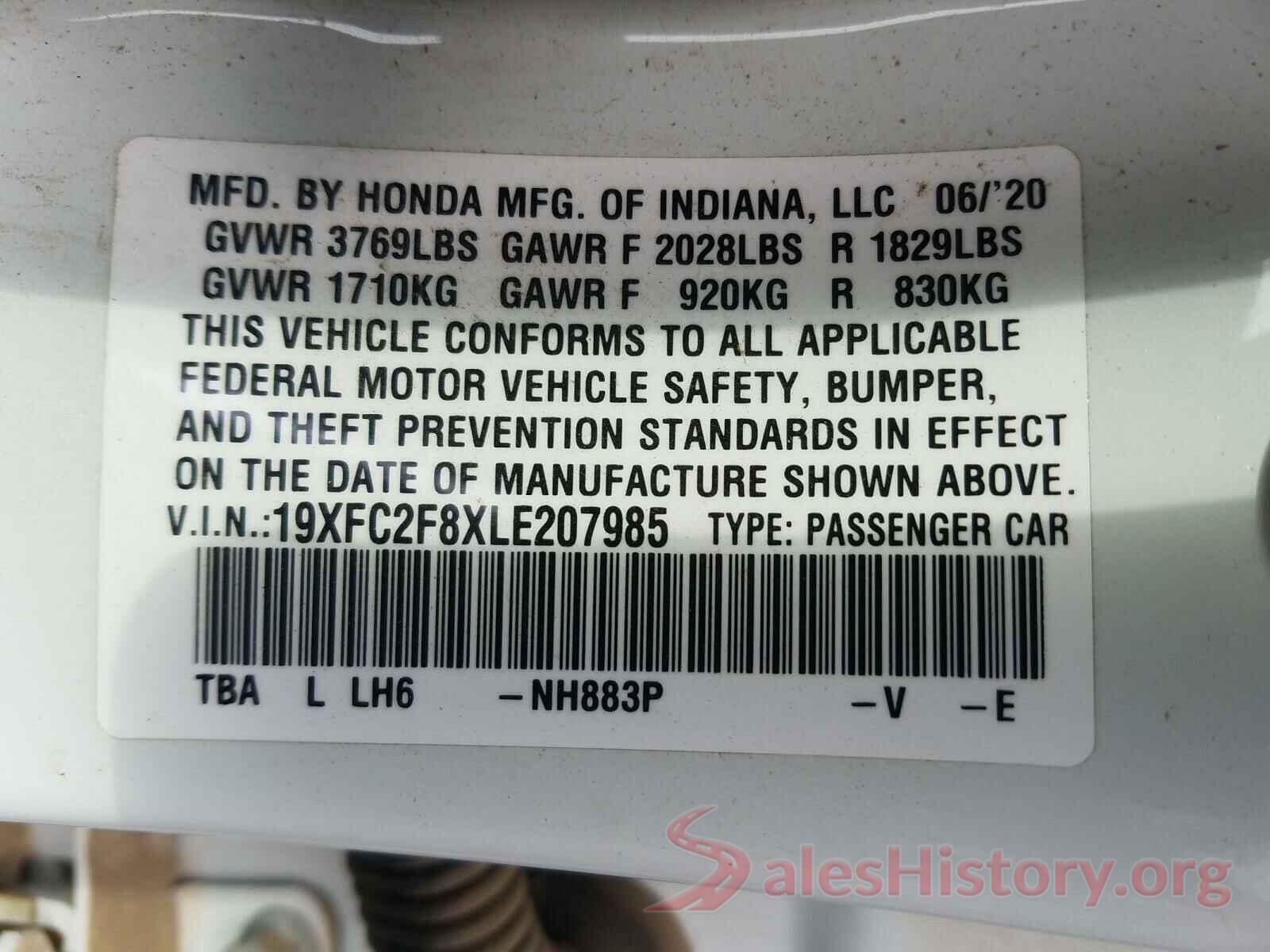 19XFC2F8XLE207985 2020 HONDA CIVIC