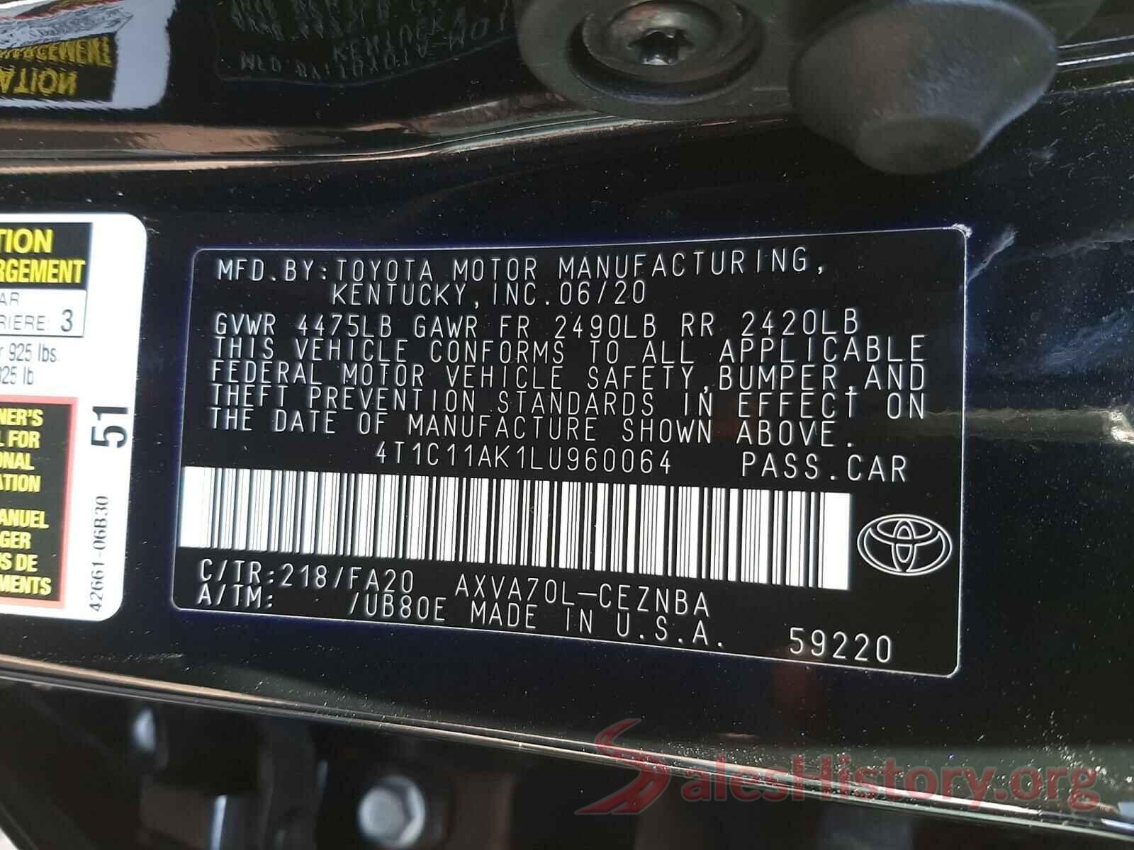 4T1C11AK1LU960064 2020 TOYOTA CAMRY