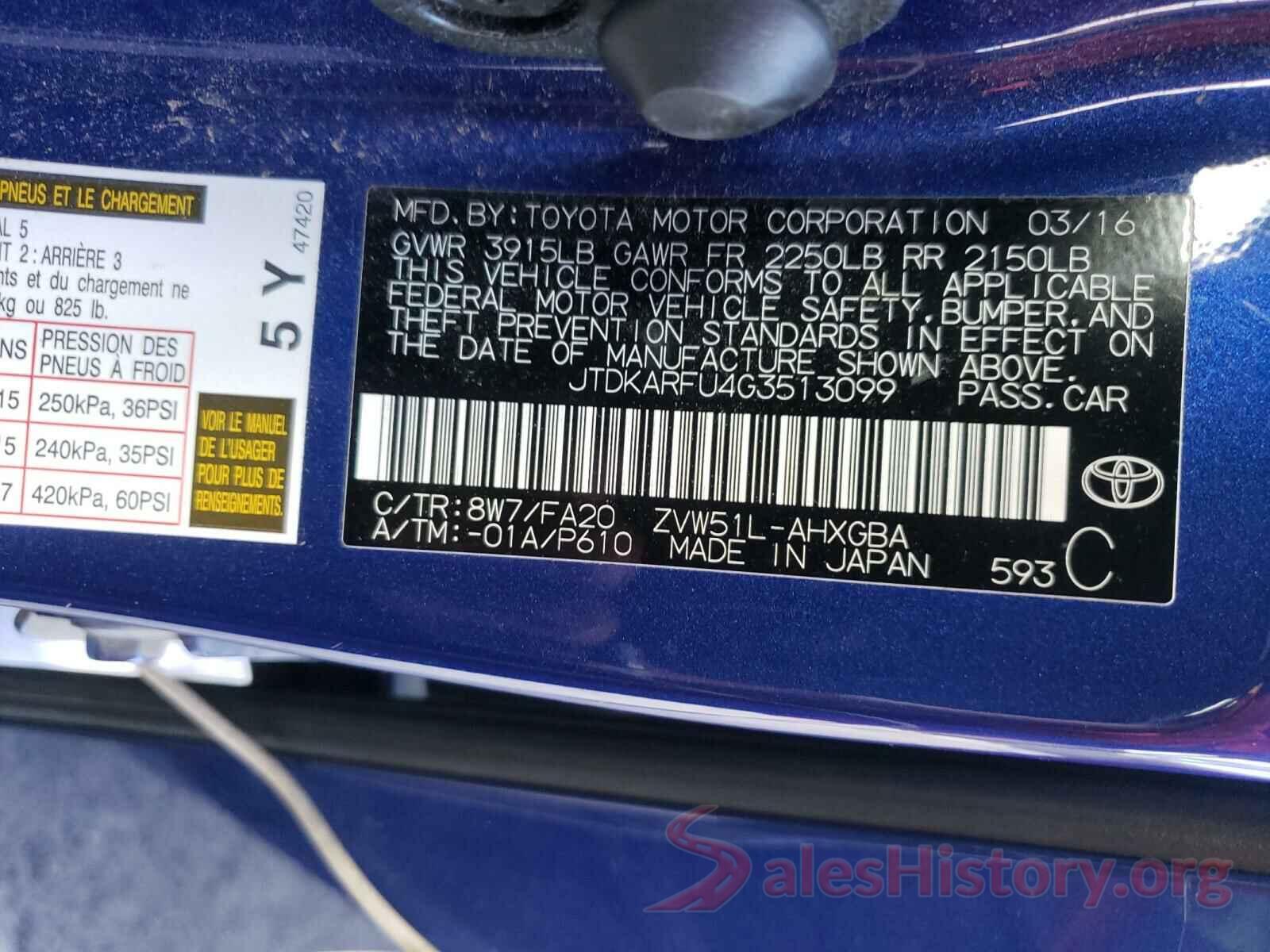 JTDKARFU4G3513099 2016 TOYOTA PRIUS