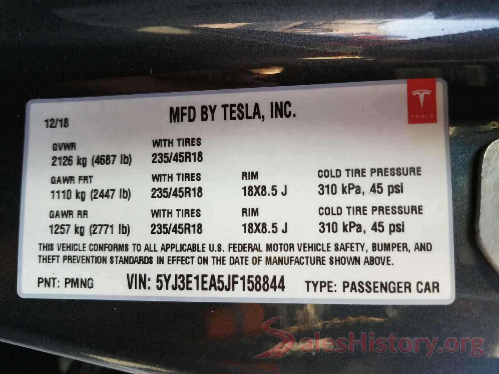 5YJ3E1EA5JF158844 2018 TESLA MODEL 3