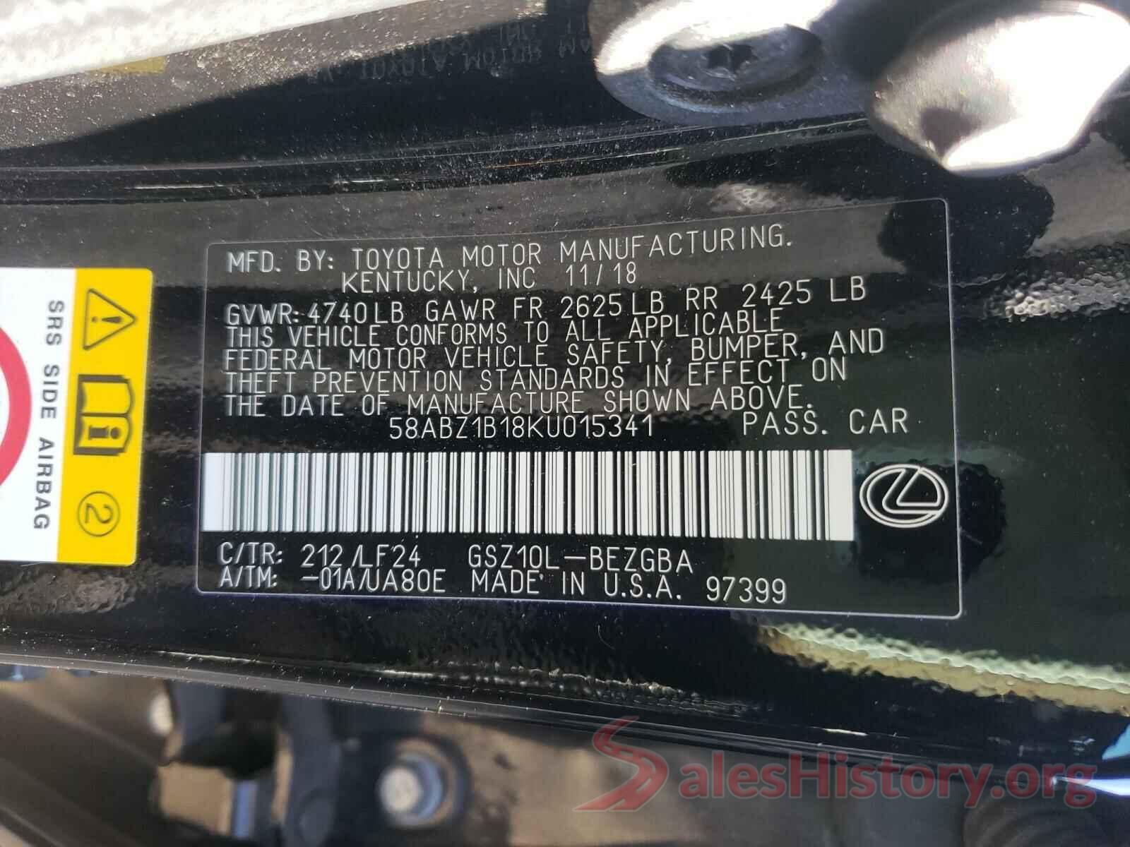 58ABZ1B18KU015341 2019 LEXUS ES350