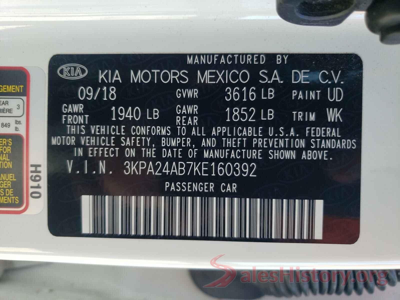 3KPA24AB7KE160392 2019 KIA RIO