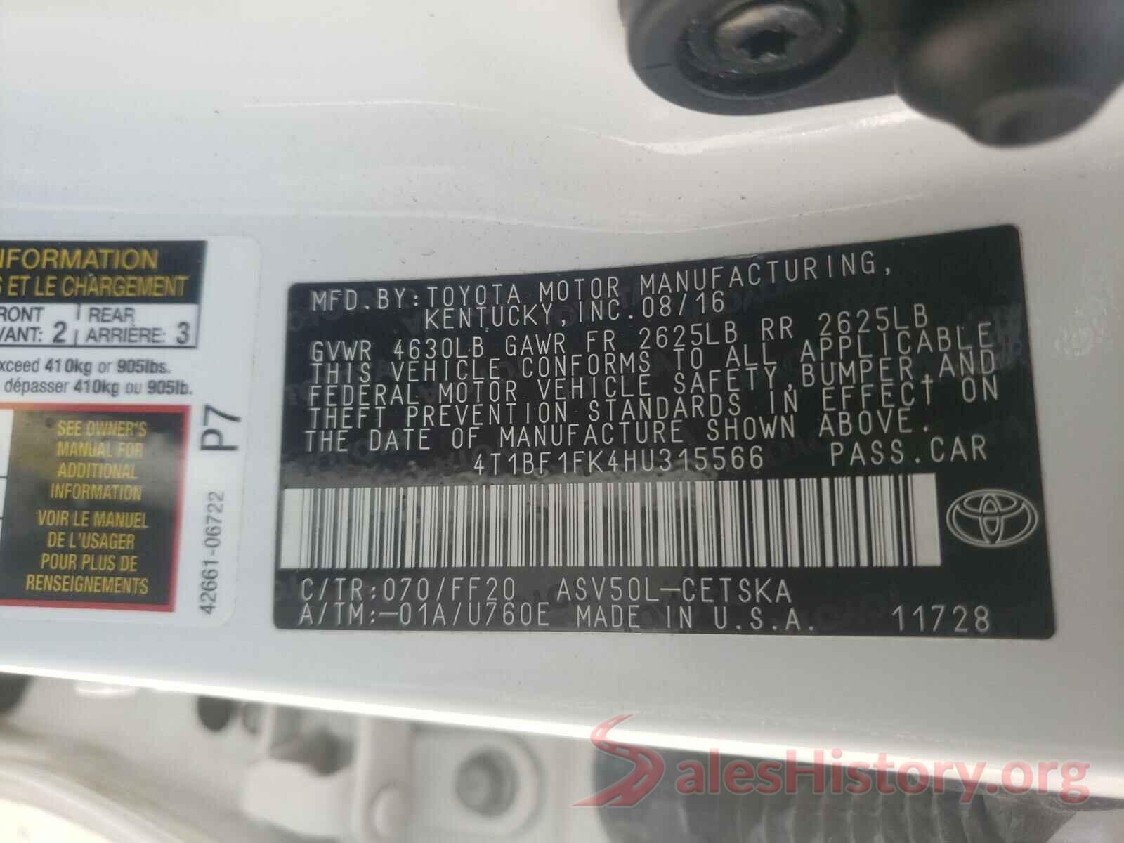 4T1BF1FK4HU315566 2017 TOYOTA CAMRY