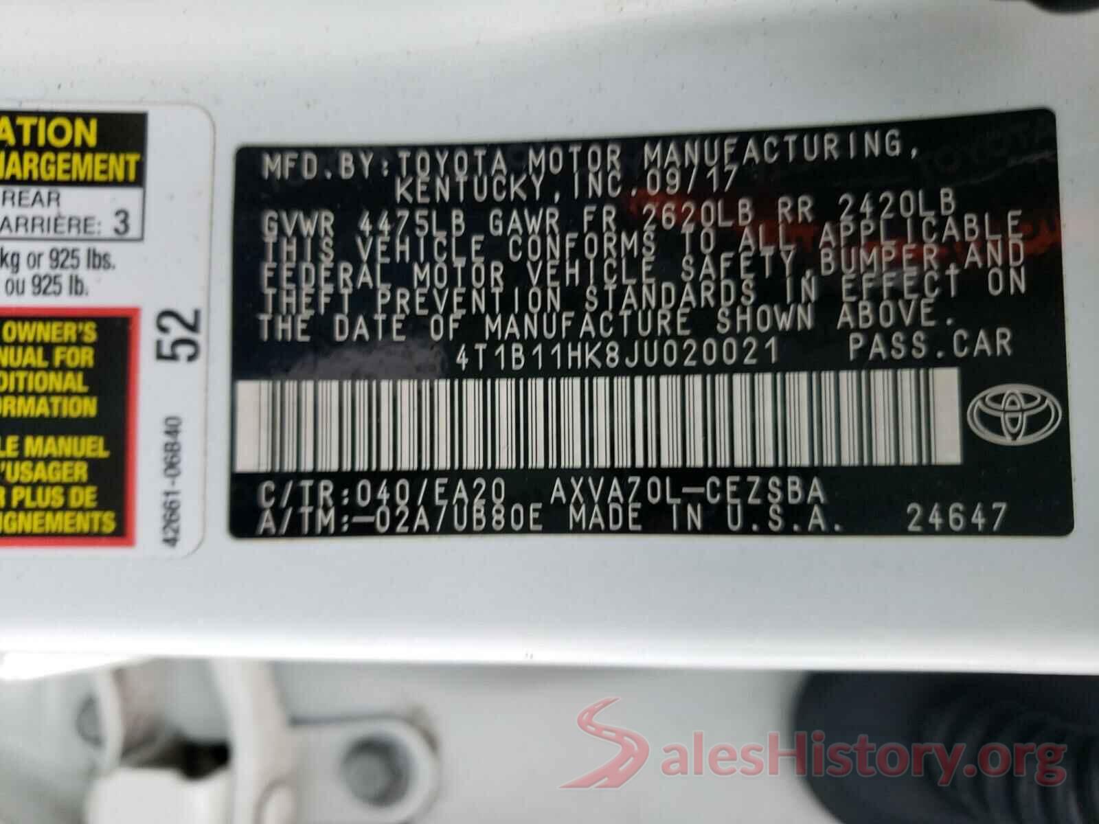 4T1B11HK8JU020021 2018 TOYOTA CAMRY