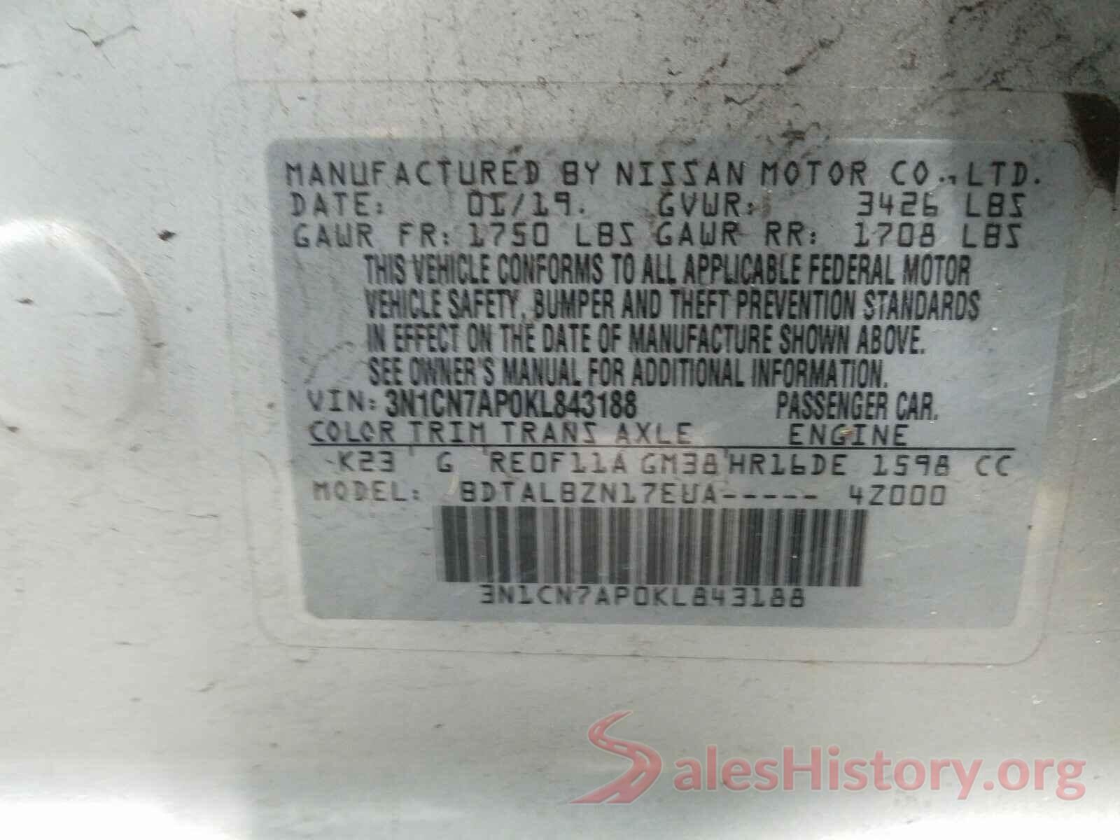 3N1CN7AP0KL843188 2019 NISSAN VERSA