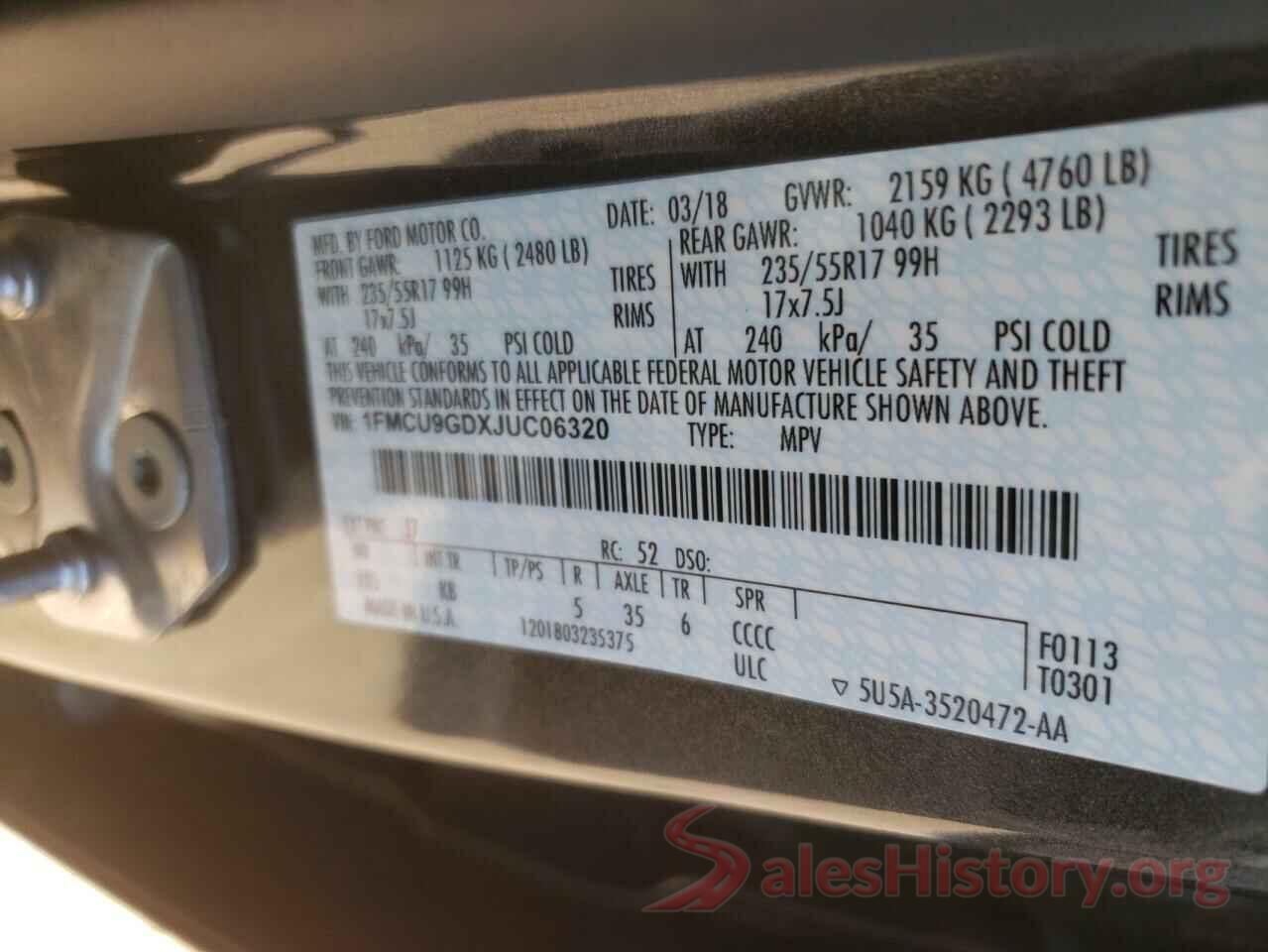 1FMCU9GDXJUC06320 2018 FORD ESCAPE