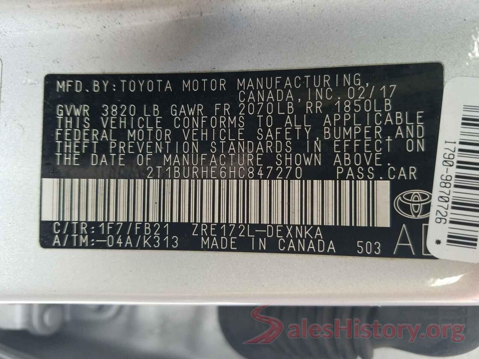 2T1BURHE6HC847270 2017 TOYOTA COROLLA