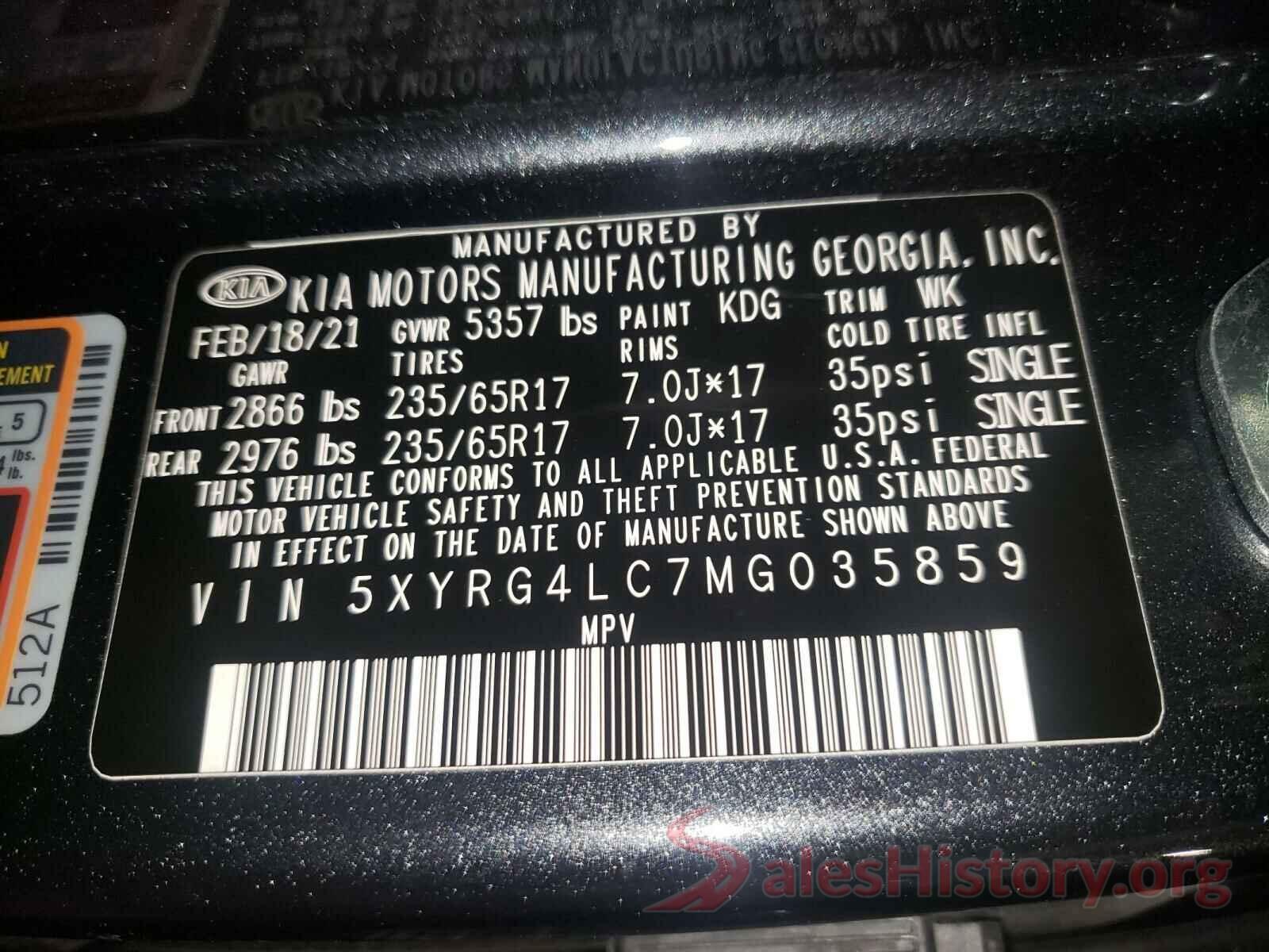 5XYRG4LC7MG035859 2021 KIA SORENTO