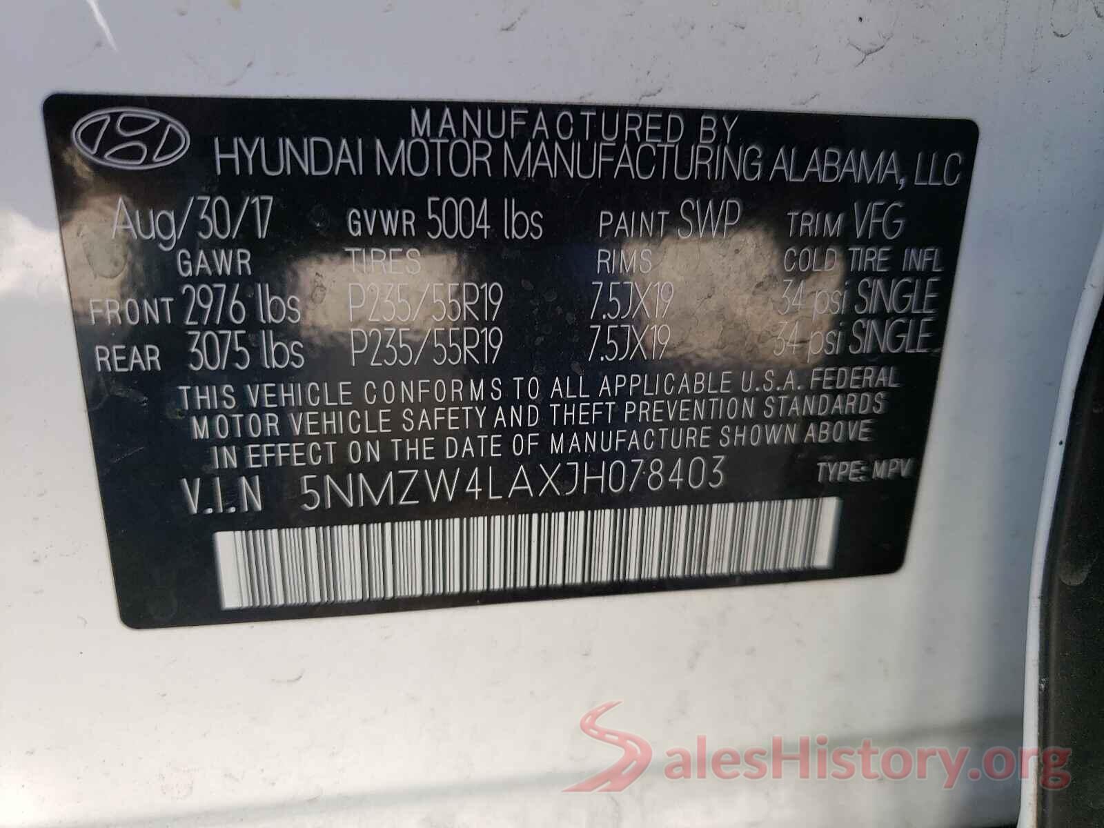 5NMZW4LAXJH078403 2018 HYUNDAI SANTA FE