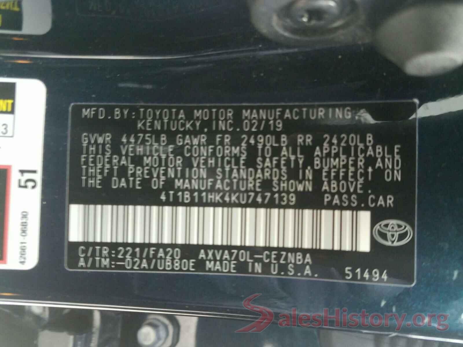 4T1B11HK4KU747139 2019 TOYOTA CAMRY