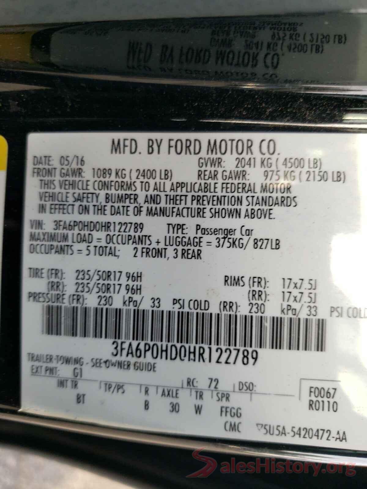 3FA6P0HD0HR122789 2017 FORD FUSION