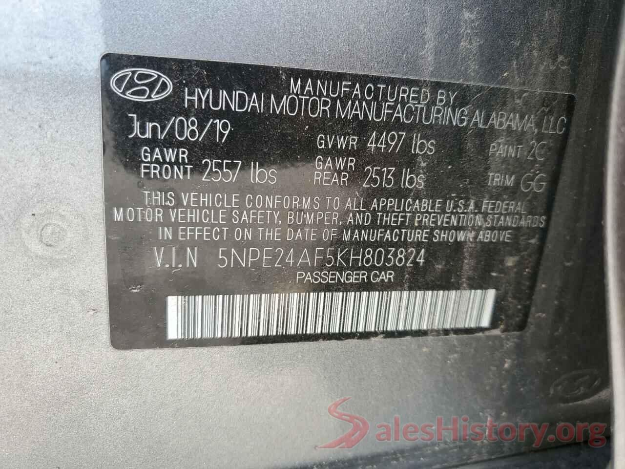 5NPE24AF5KH803824 2019 HYUNDAI SONATA