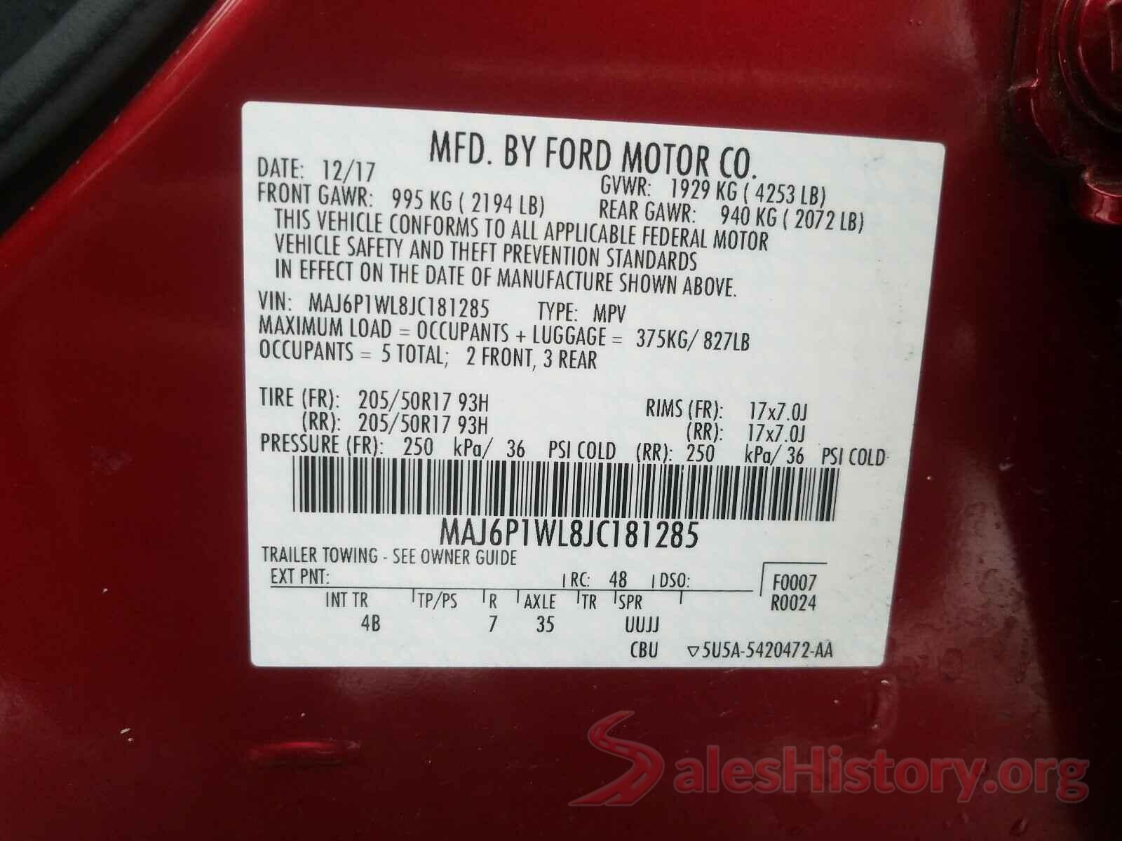 MAJ6P1WL8JC181285 2018 FORD ALL OTHER