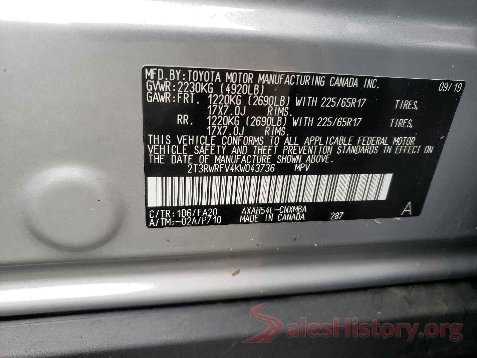 2T3RWRFV4KW043736 2019 TOYOTA RAV4