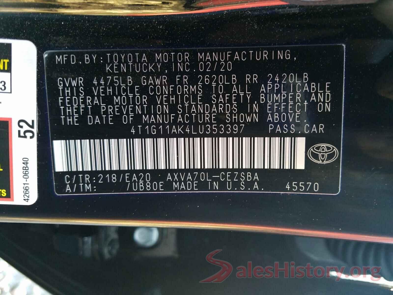 4T1G11AK4LU353397 2020 TOYOTA CAMRY