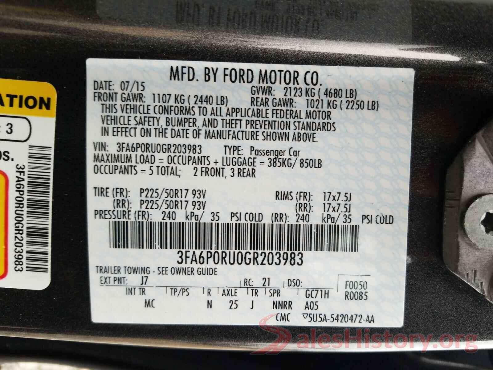 3FA6P0RU0GR203983 2016 FORD FUSION