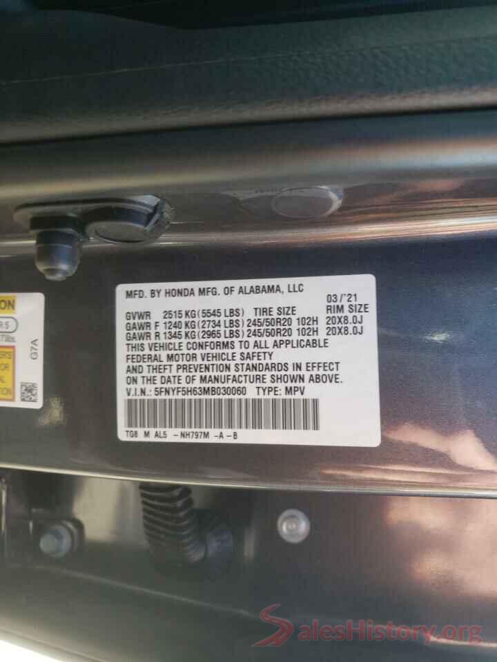 5FNYF5H63MB030060 2021 HONDA PILOT