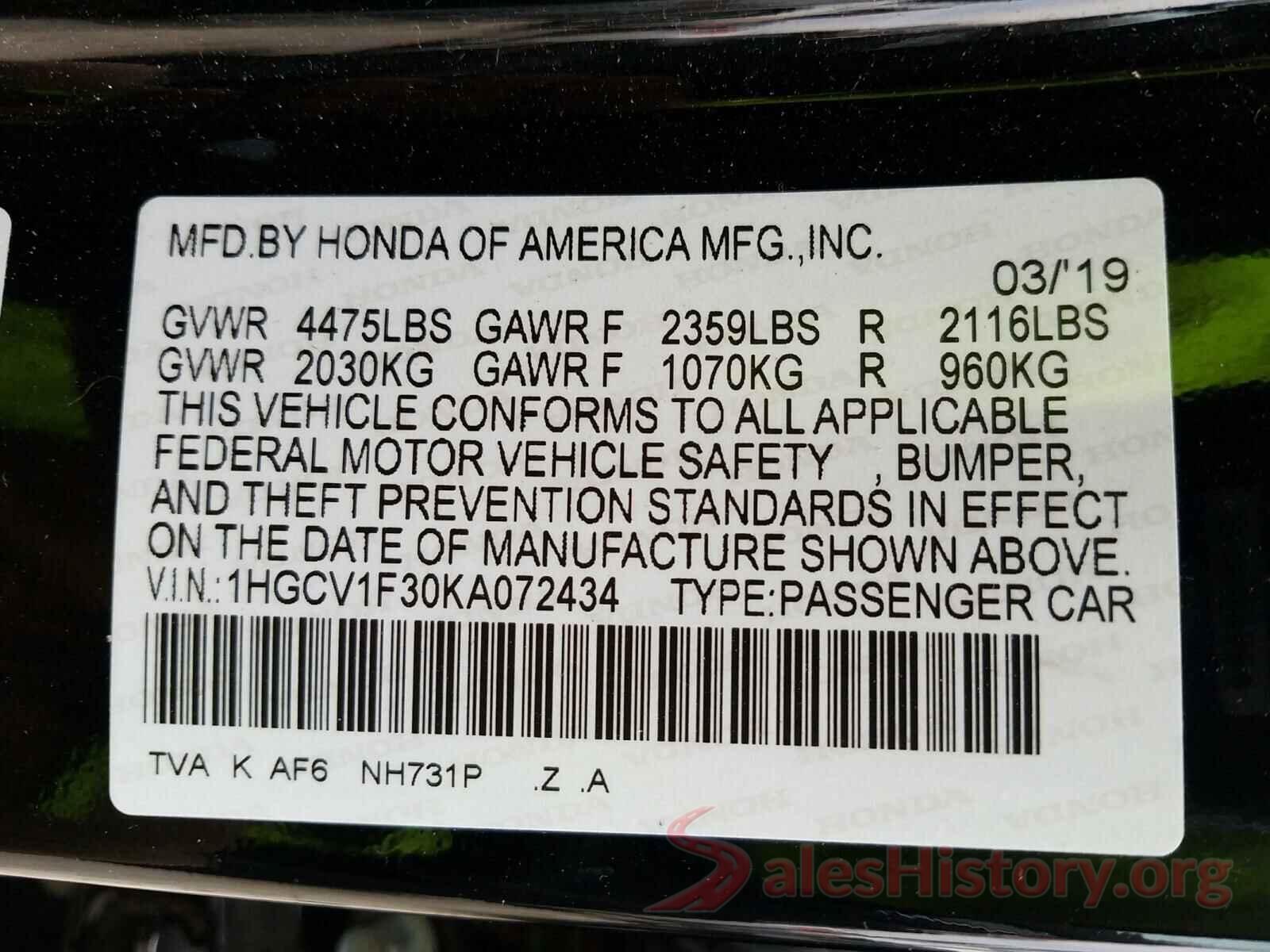 1HGCV1F30KA072434 2019 HONDA ACCORD