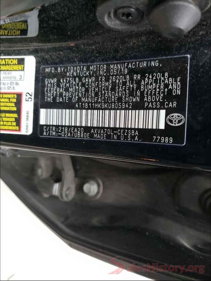 4T1B11HK9KU805942 2019 TOYOTA CAMRY