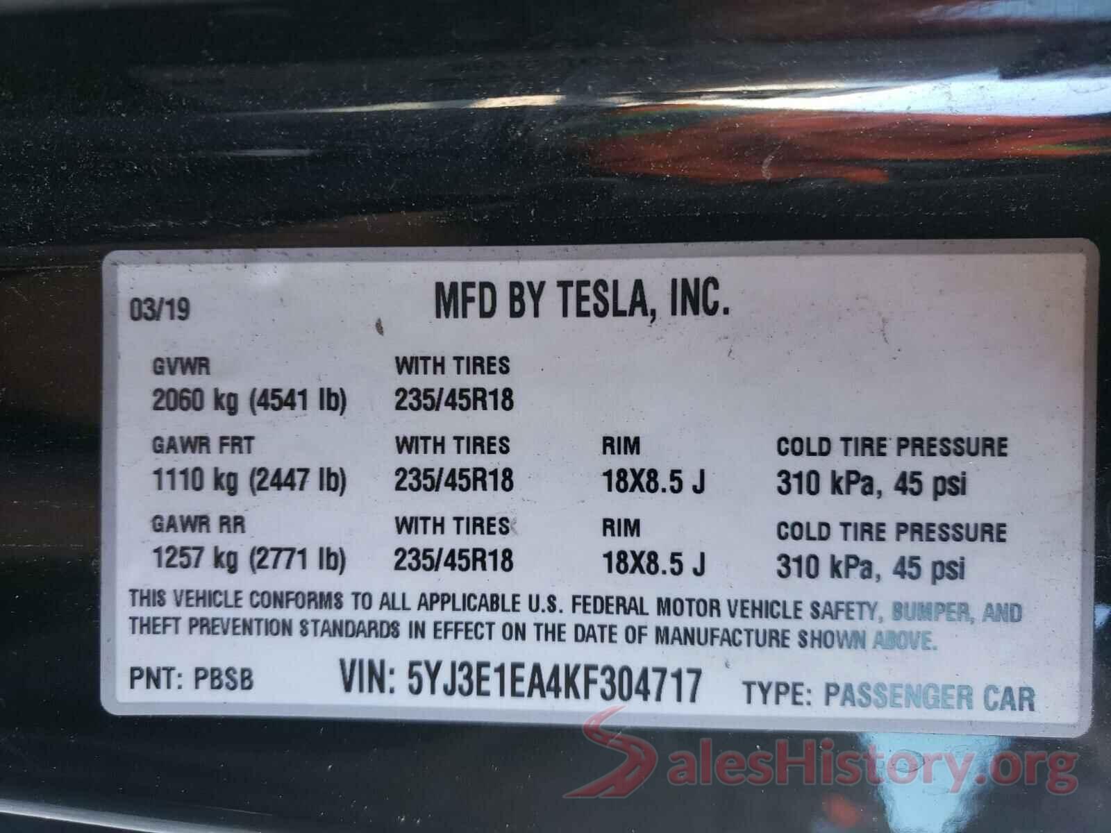 5YJ3E1EA4KF304717 2019 TESLA MODEL 3