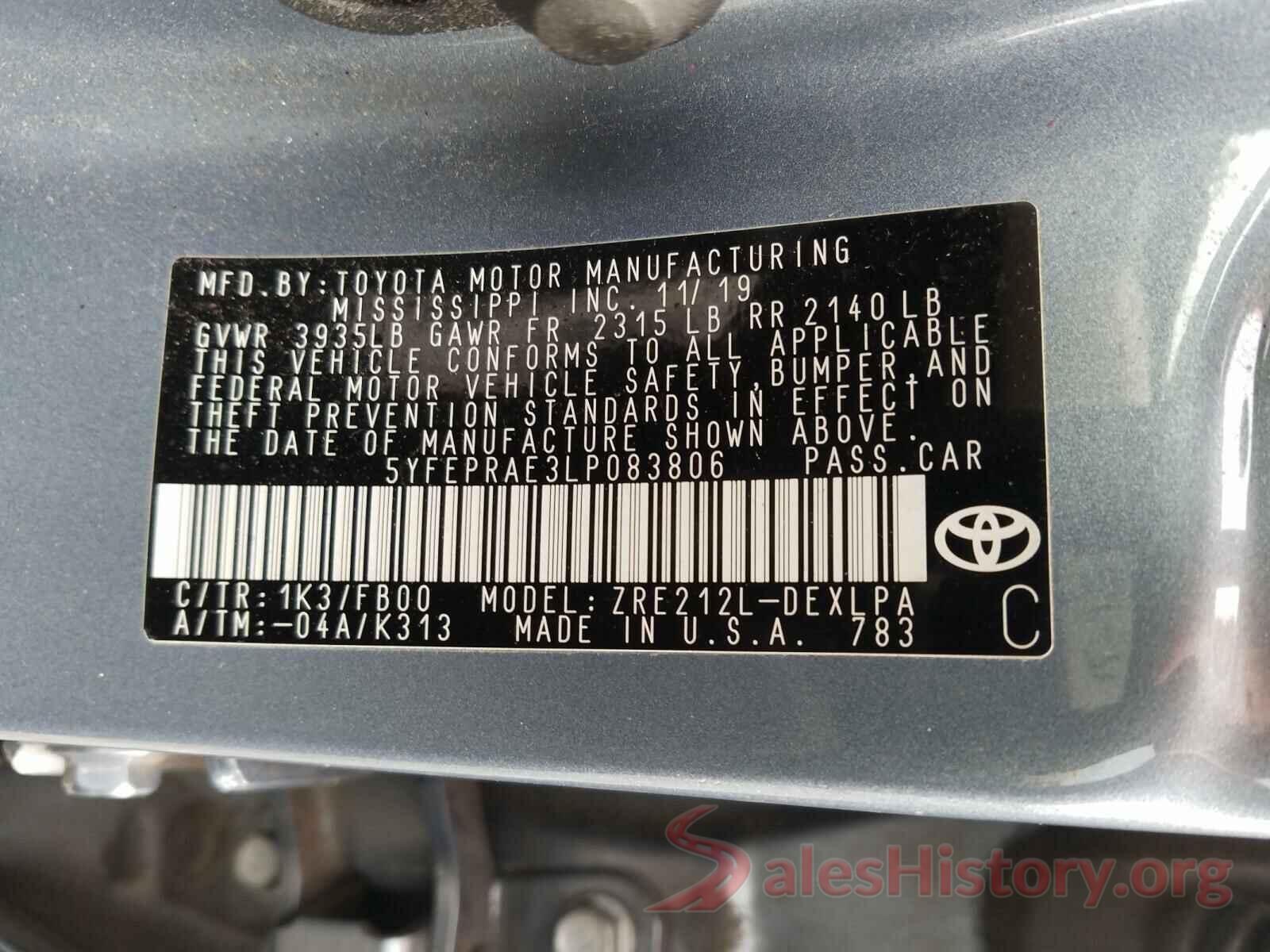 5YFEPRAE3LP083806 2020 TOYOTA COROLLA