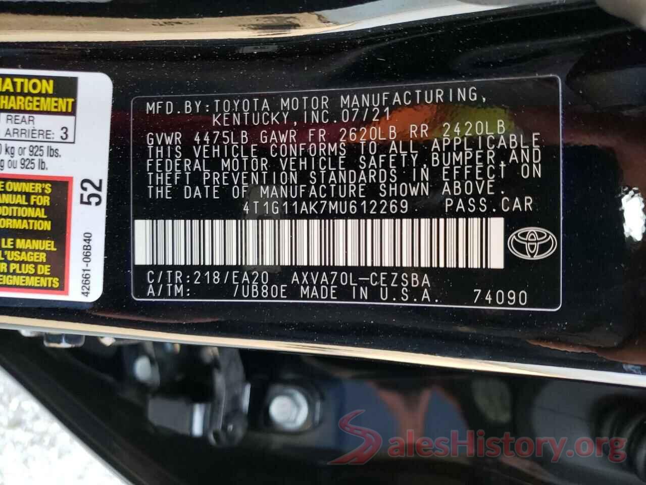 4T1G11AK7MU612269 2021 TOYOTA CAMRY