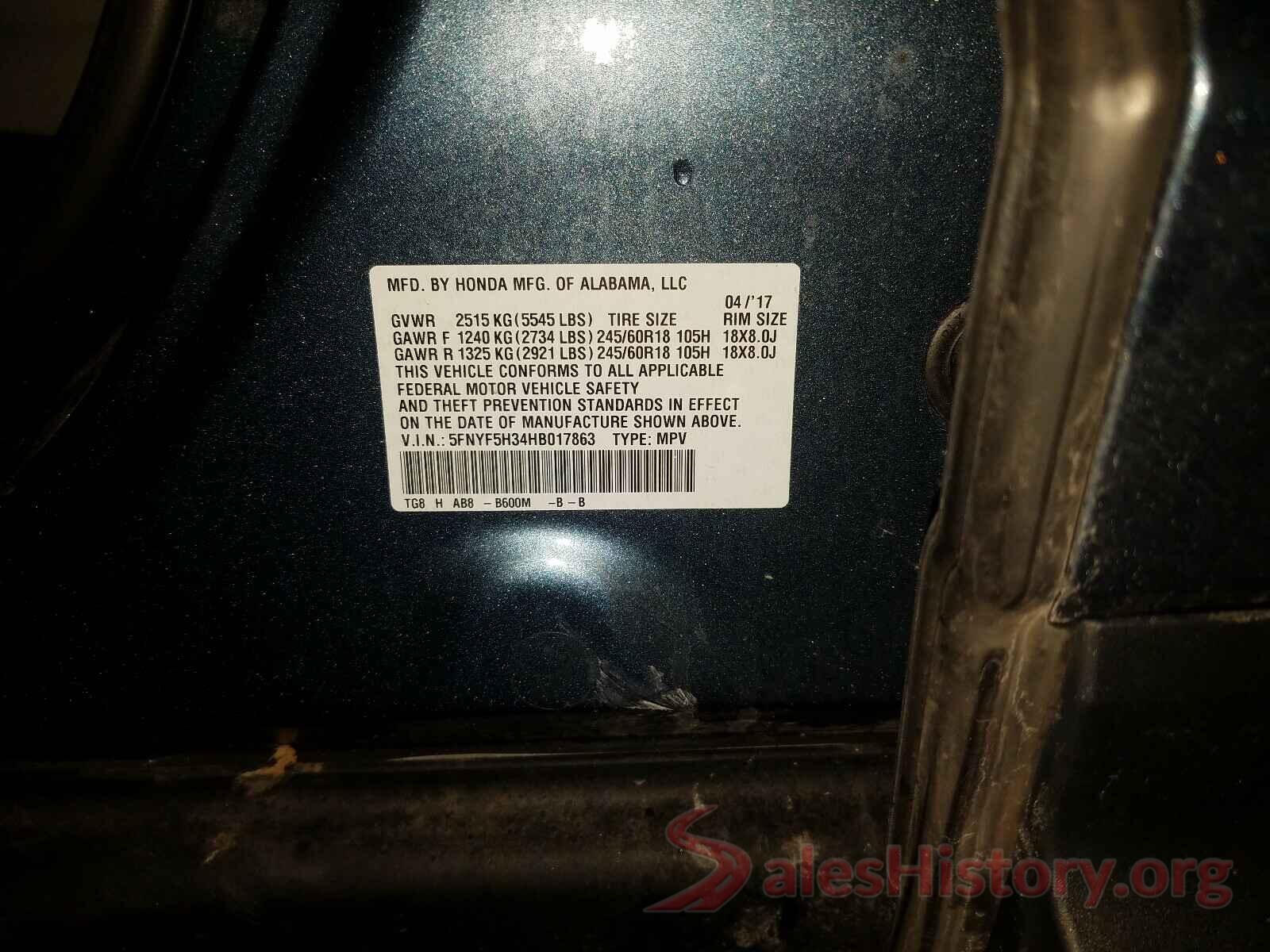 5FNYF5H34HB017863 2017 HONDA PILOT