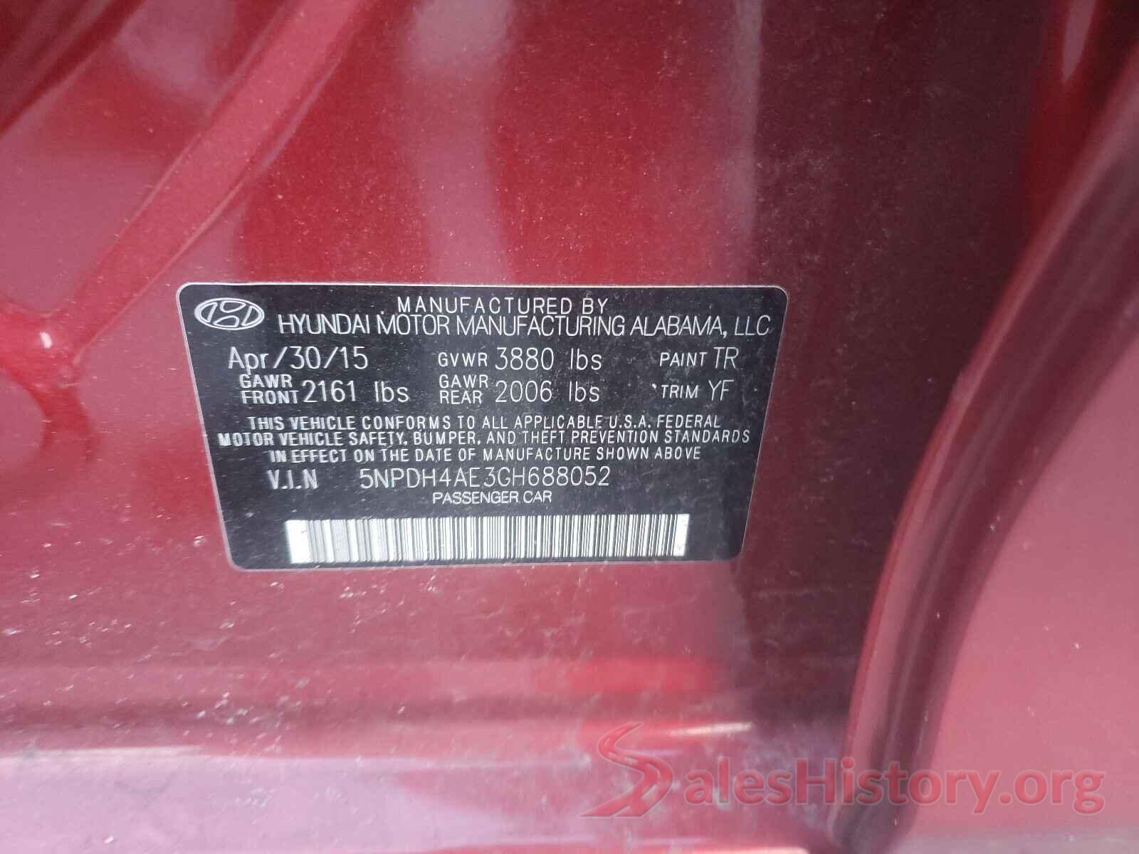 5NPDH4AE3GH688052 2016 HYUNDAI ELANTRA