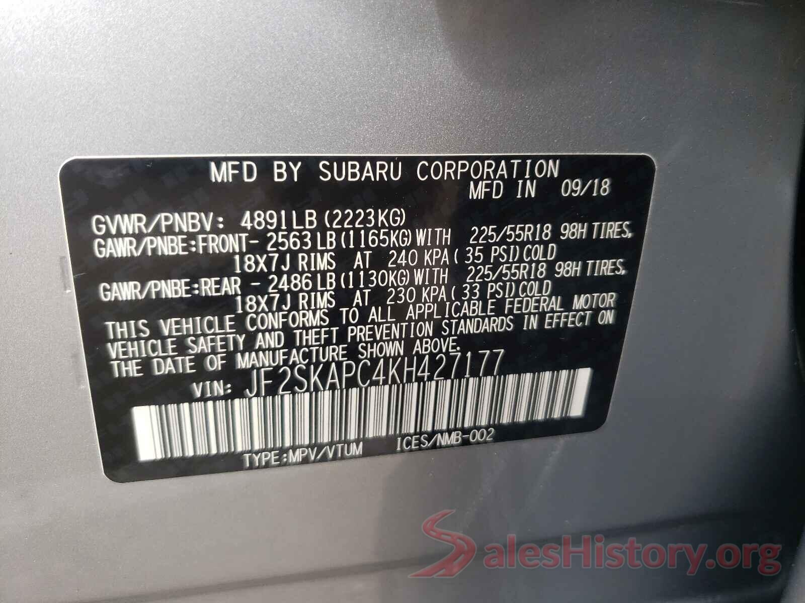 JF2SKAPC4KH427177 2019 SUBARU FORESTER