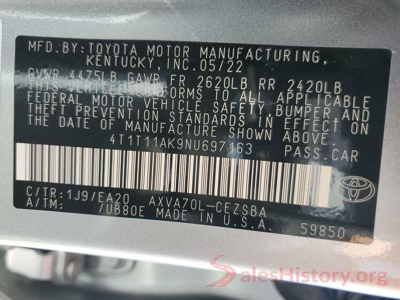 4T1T11AK9NU697163 2022 TOYOTA CAMRY