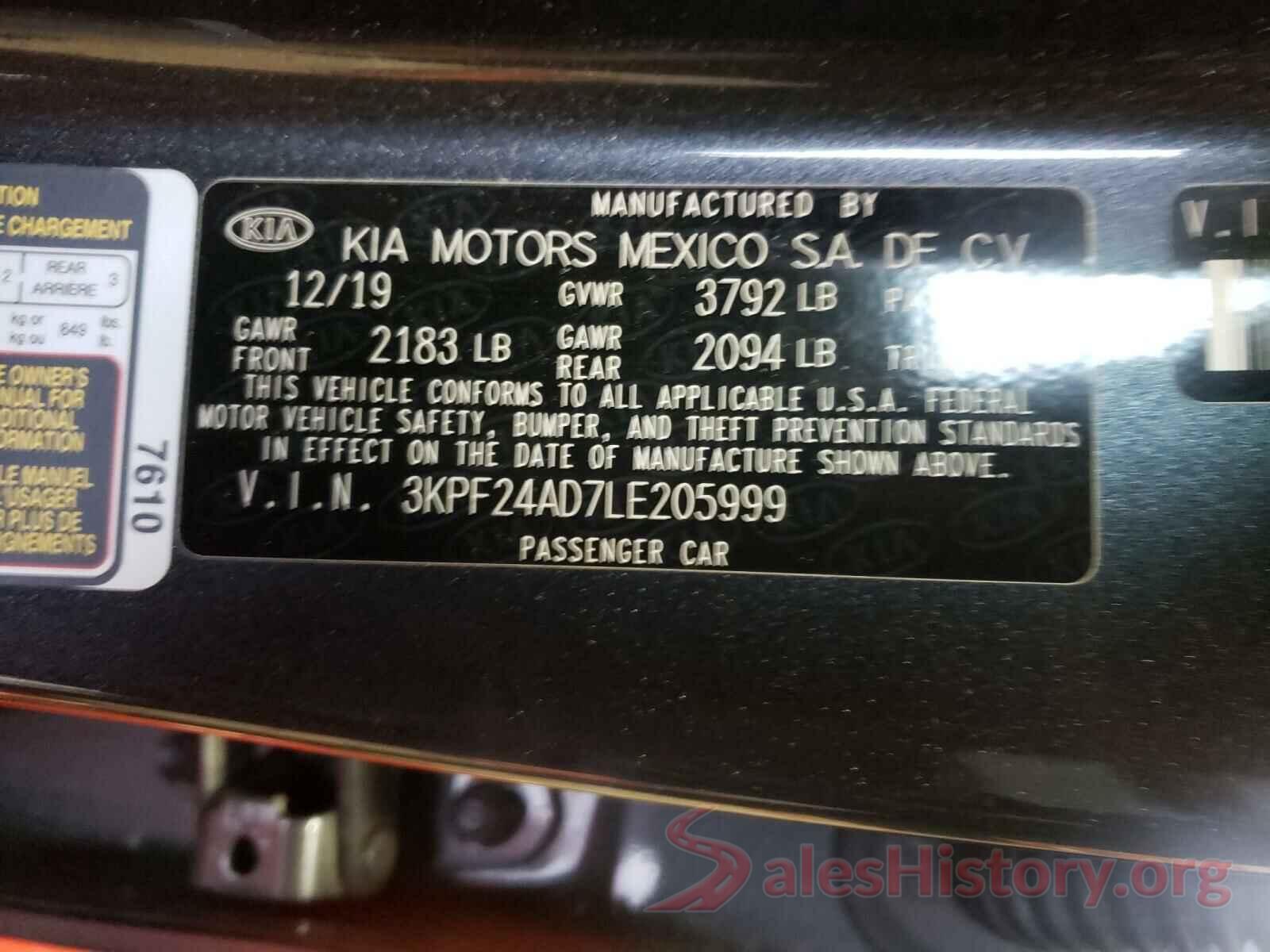 3KPF24AD7LE205999 2020 KIA FORTE