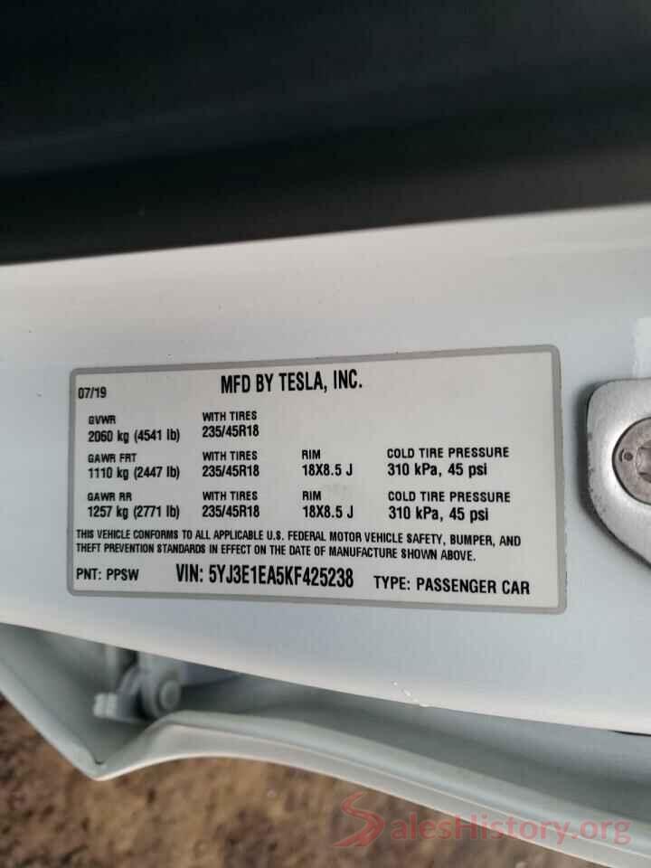 5YJ3E1EA5KF425238 2019 TESLA MODEL 3