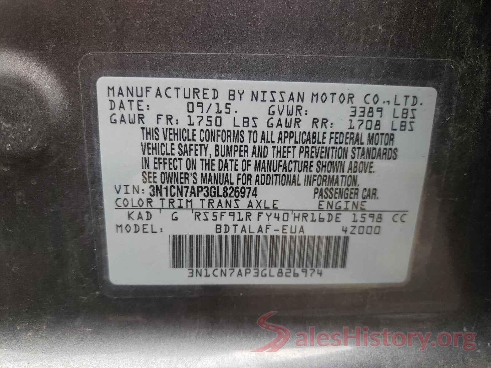 3N1CN7AP3GL826974 2016 NISSAN VERSA