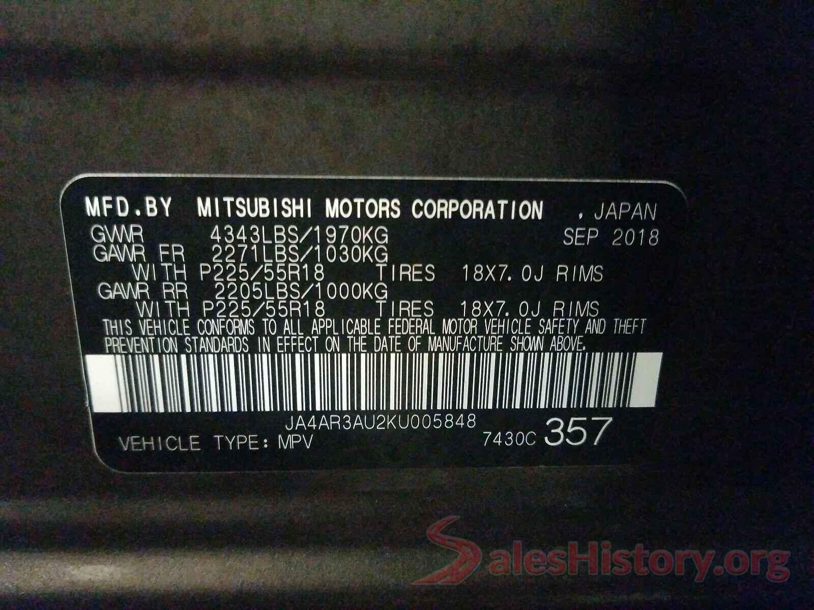 JA4AR3AU2KU005848 2019 MITSUBISHI OUTLANDER