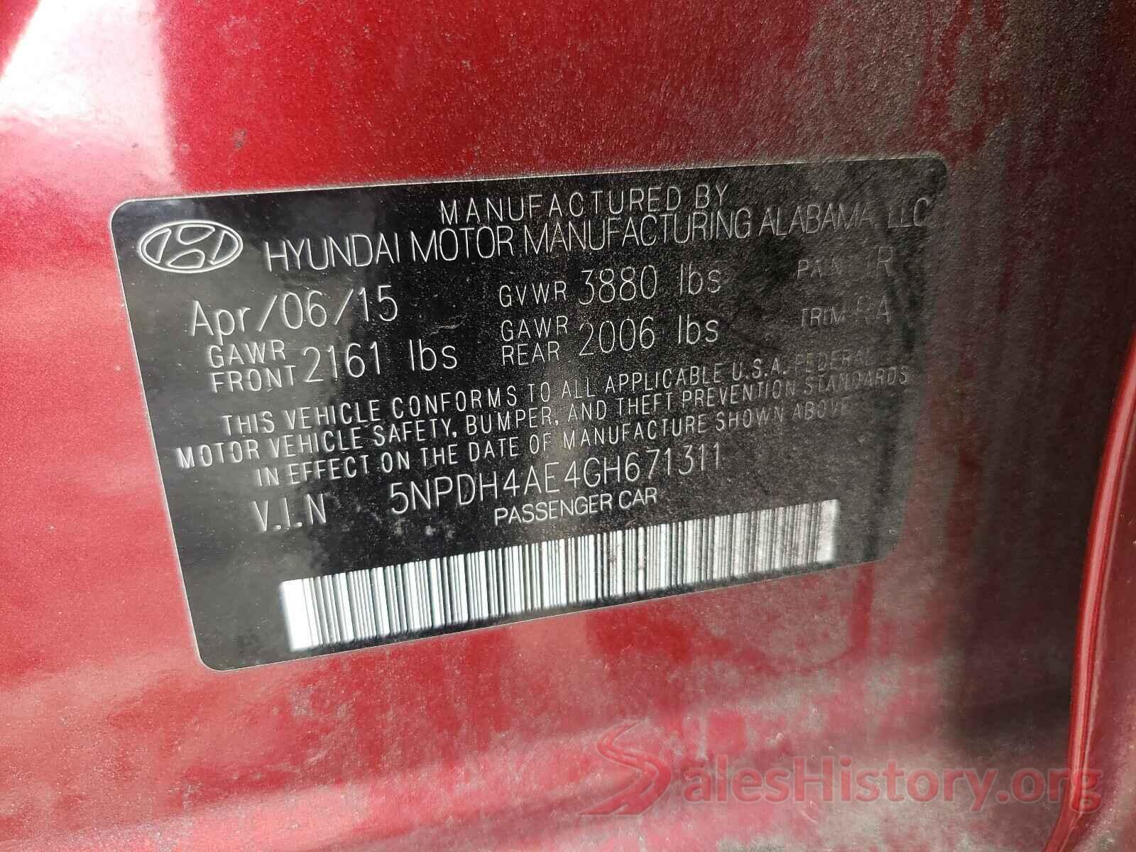 5NPDH4AE4GH671311 2016 HYUNDAI ELANTRA