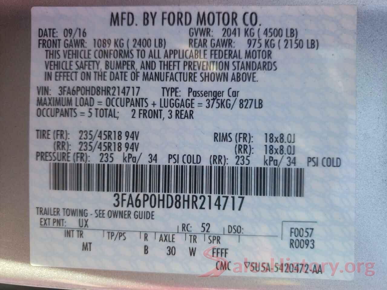 3FA6P0HD8HR214717 2017 FORD FUSION