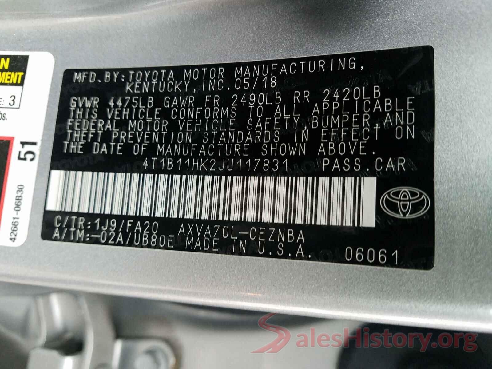 4T1B11HK2JU117831 2018 TOYOTA CAMRY