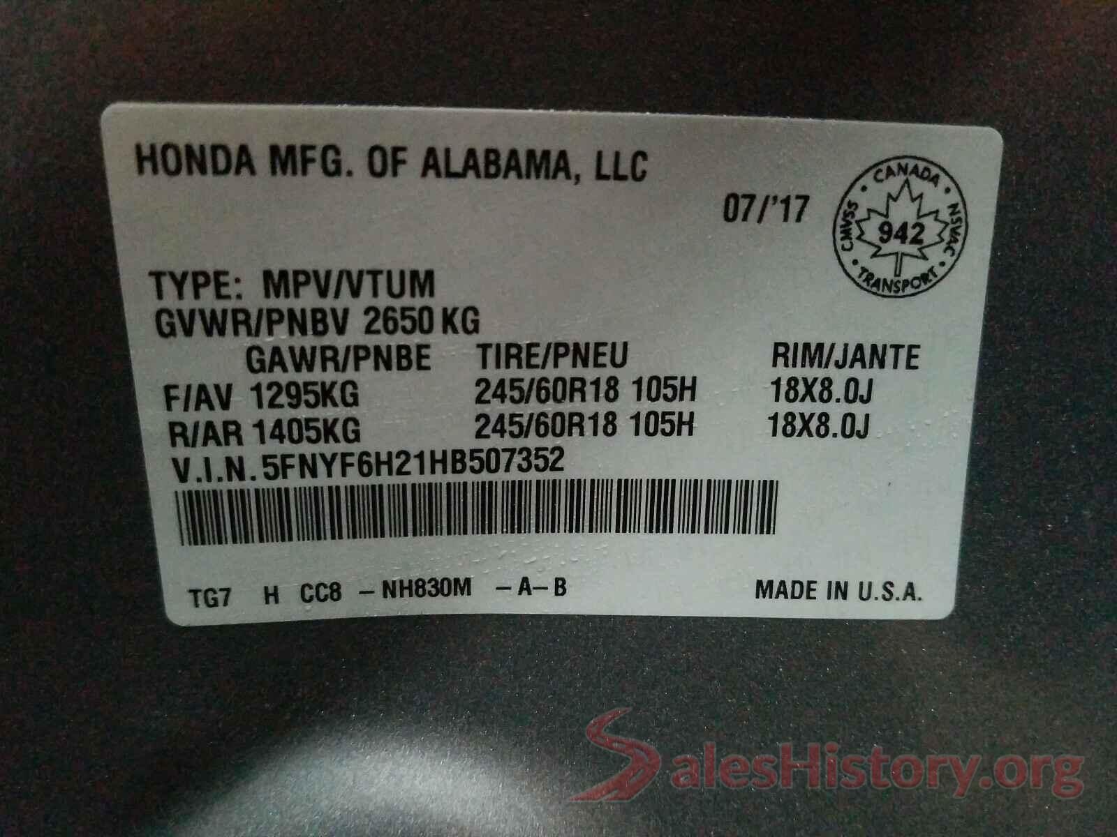 5FNYF6H21HB507352 2017 HONDA PILOT