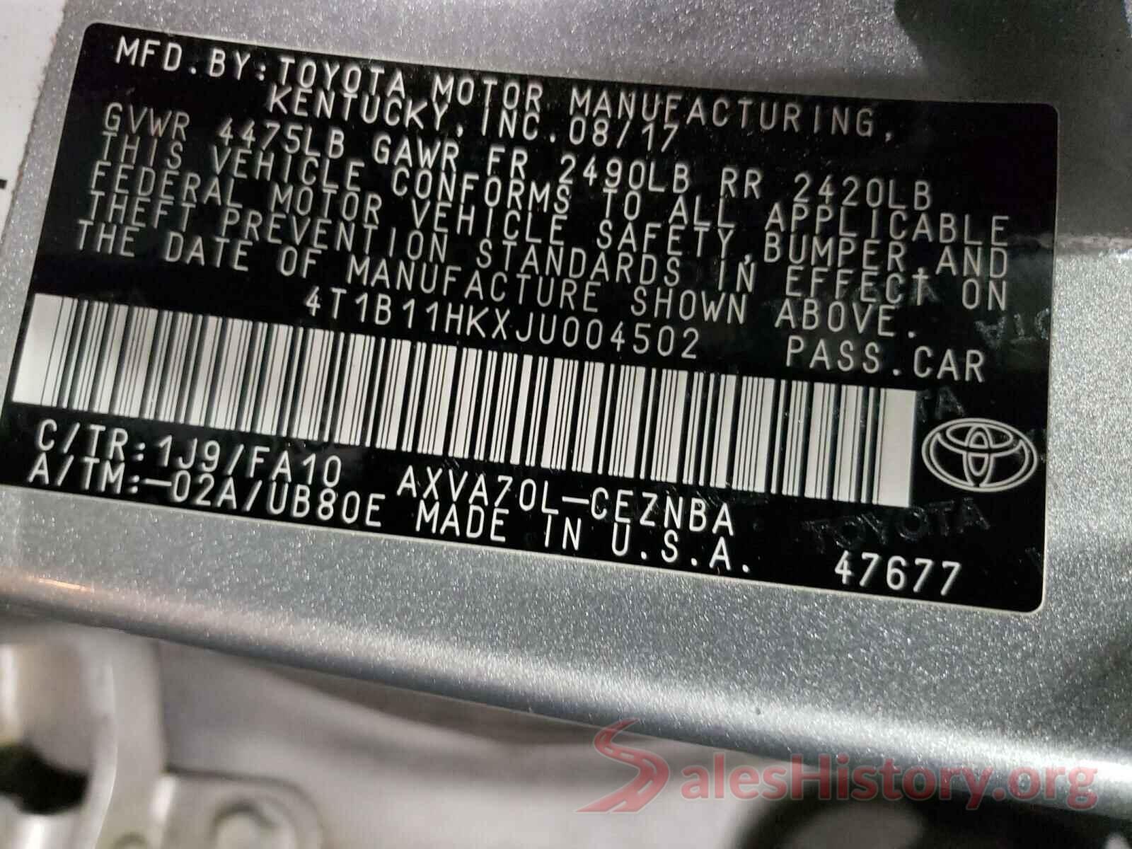 4T1B11HKXJU004502 2018 TOYOTA CAMRY