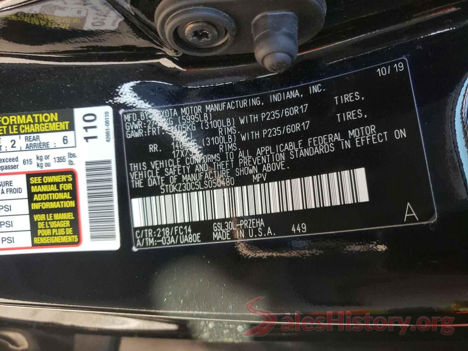 5TDKZ3DC5LS050480 2020 TOYOTA SIENNA