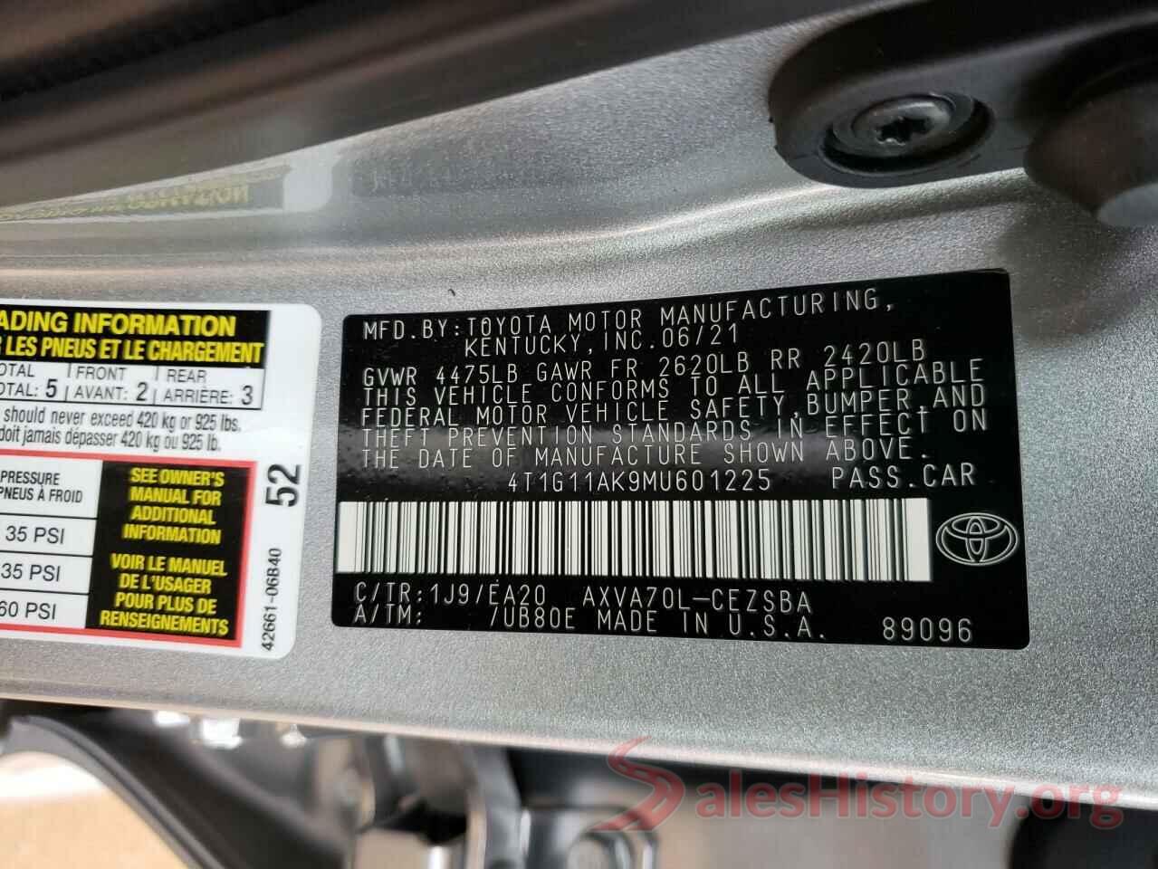 4T1G11AK9MU601225 2021 TOYOTA CAMRY