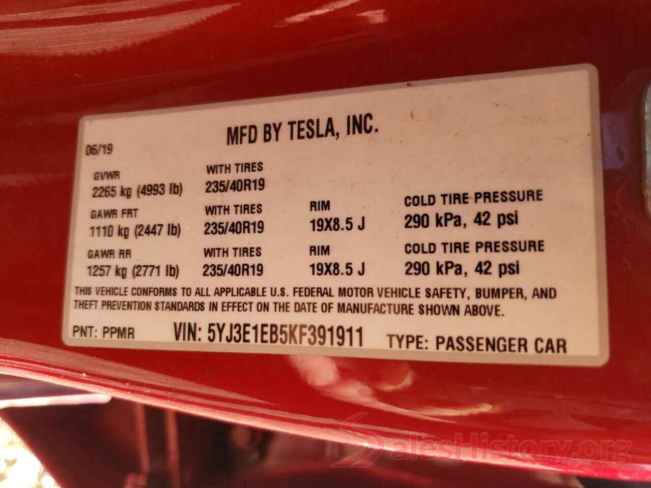 5YJ3E1EB5KF391911 2019 TESLA MODEL 3