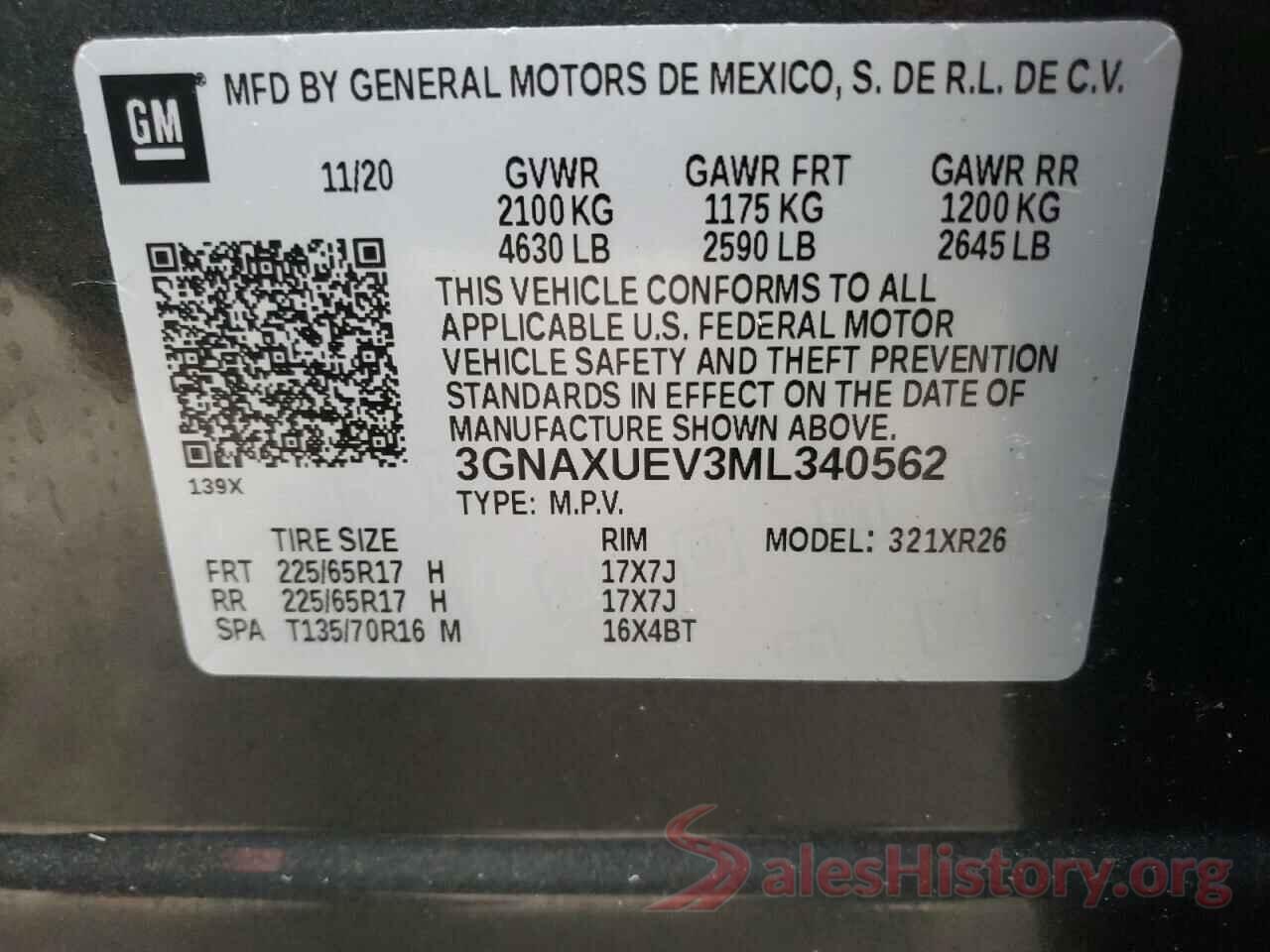 3GNAXUEV3ML340562 2021 CHEVROLET EQUINOX