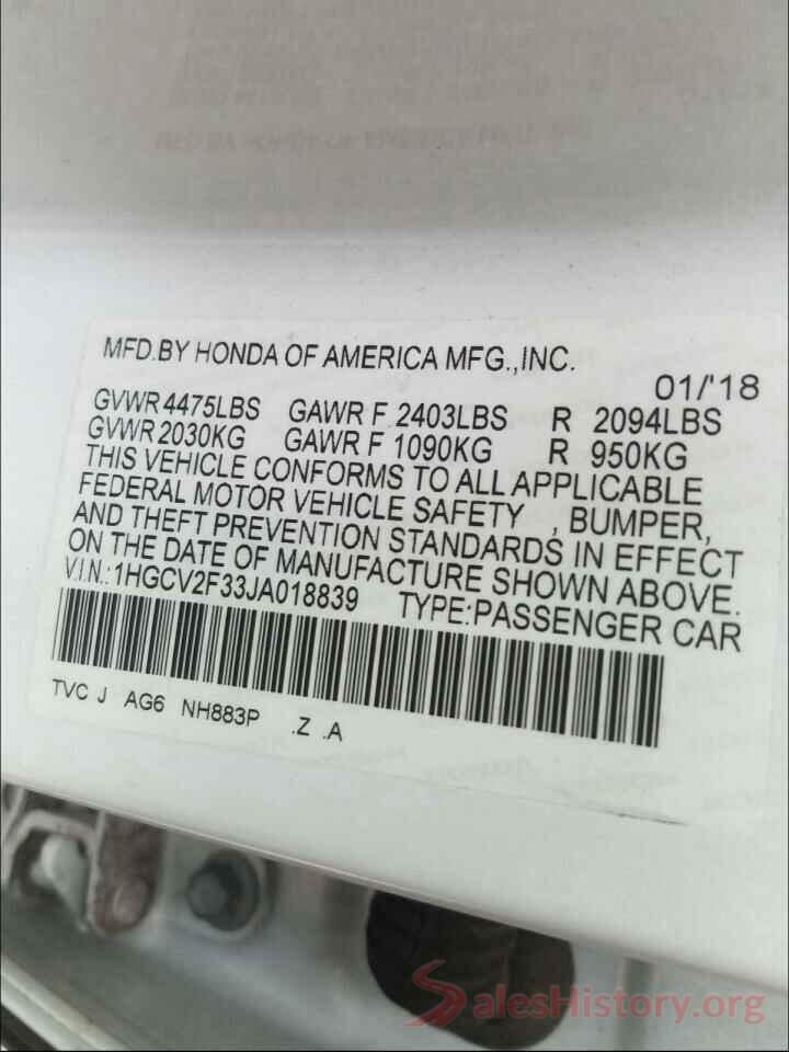 1HGCV2F33JA018839 2018 HONDA ACCORD