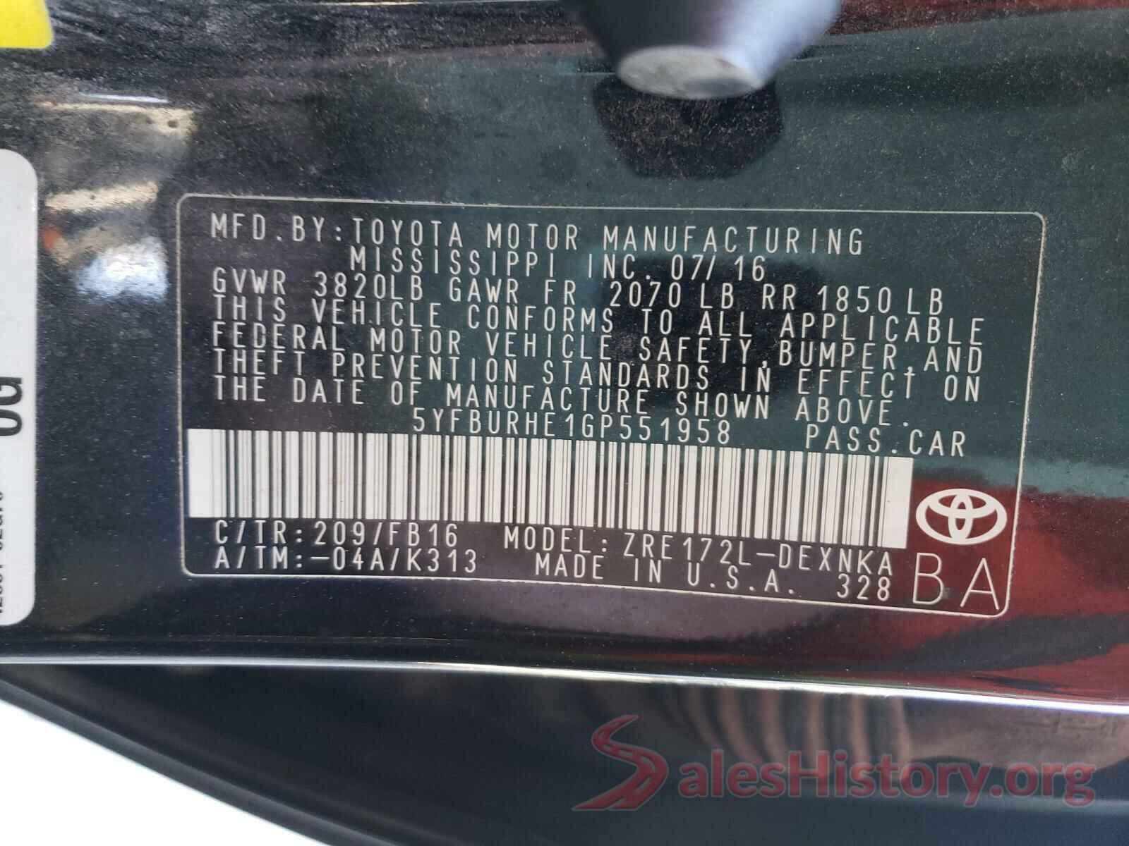 5YFBURHE1GP551958 2016 TOYOTA COROLLA