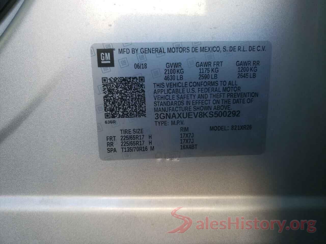 3GNAXUEV8KS500292 2019 CHEVROLET EQUINOX