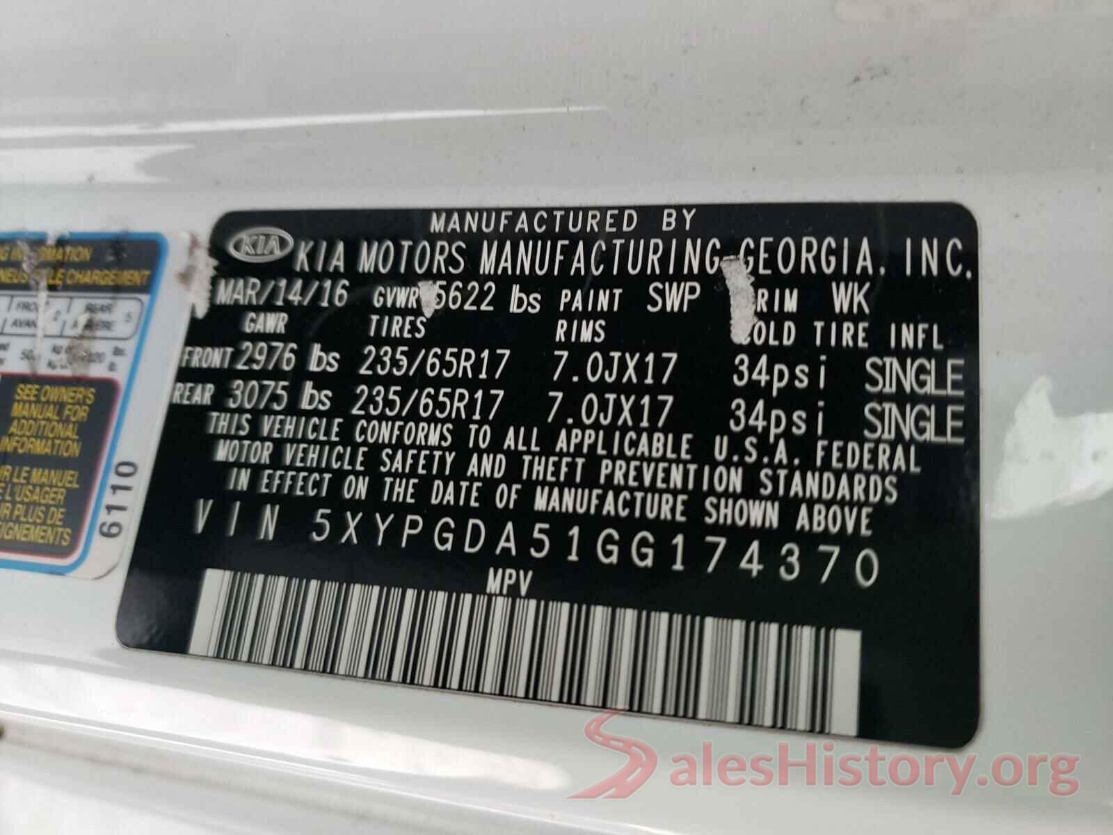 5XYPGDA51GG174370 2016 KIA SORENTO