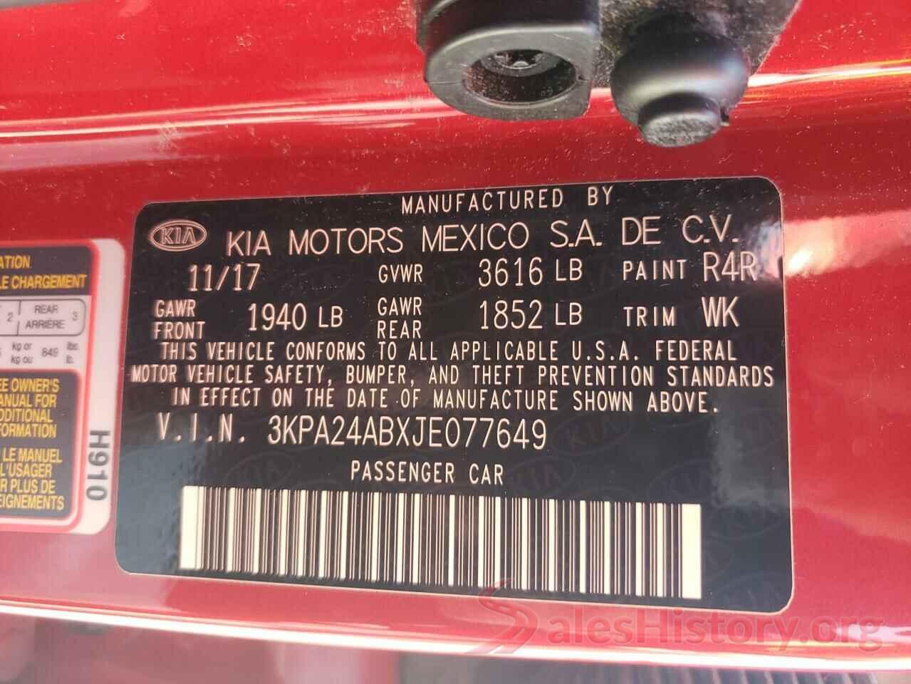 3KPA24ABXJE077649 2018 KIA RIO